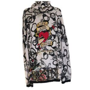 Ed Hardy RARE Vintage Y2K Hoodie Handcuffs Tattoo Crystal Knit Top Sweater L